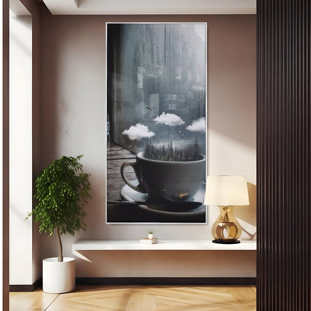 Tablou canvas cu ceasca de cafea cu padure si nori, in rama de aluminiu argintiu